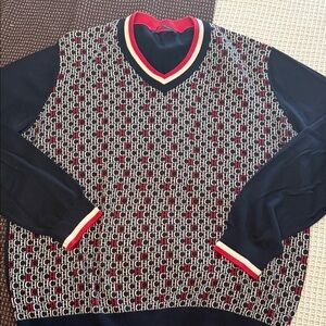 Monogram Navy & Red V-Neck Sweater